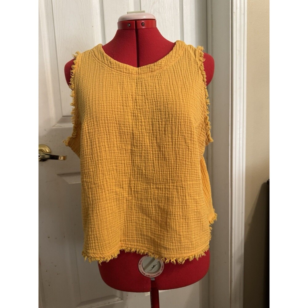 Thread & Supply Gauze Cotton Tank Top L Mustard Yellow Fringe Sleeveless Boho